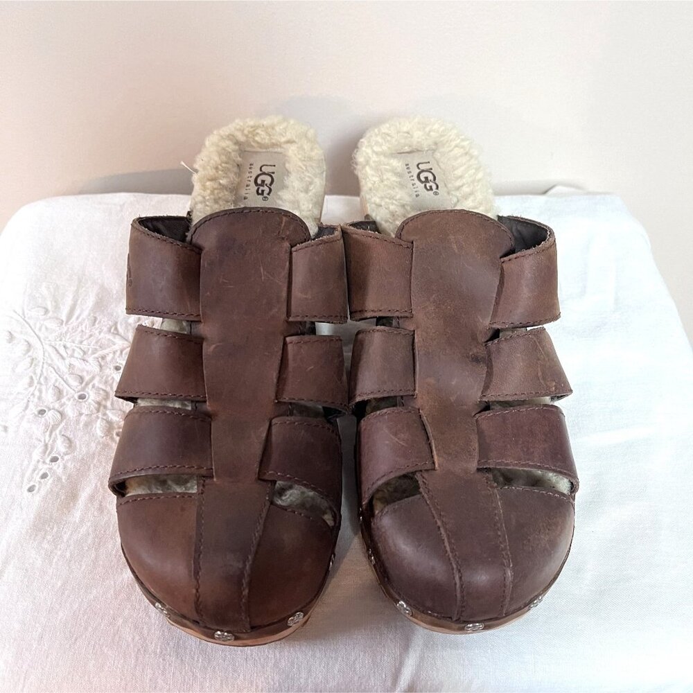 UGG Australia Womens Brown Leather Shearling-Lined Fisherman Clog Sandals Size 8